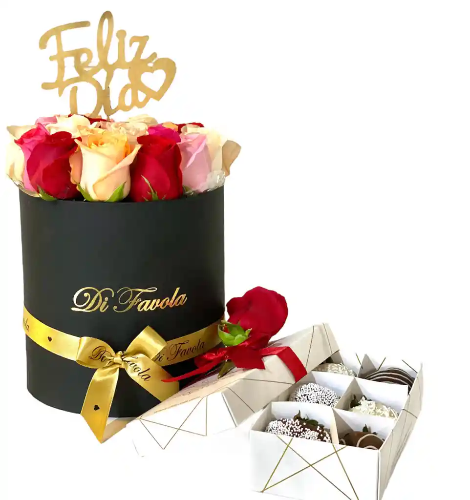 Combo Dia De La Mujer Cilindro De Rosas Negro + Caja X 6 Fresas Achocolatadas