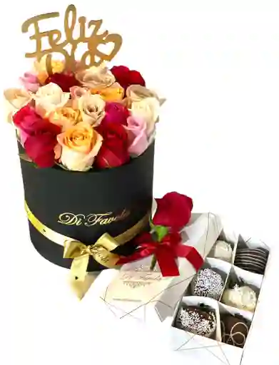 Combo Dia De La Madre Cilindro De Rosas Negro + Caja X 6 Fresas Achocolatadas