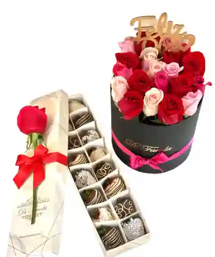 Elegante Cilindro Negro Rosas + Caja 16 Fresas Achocolatadas