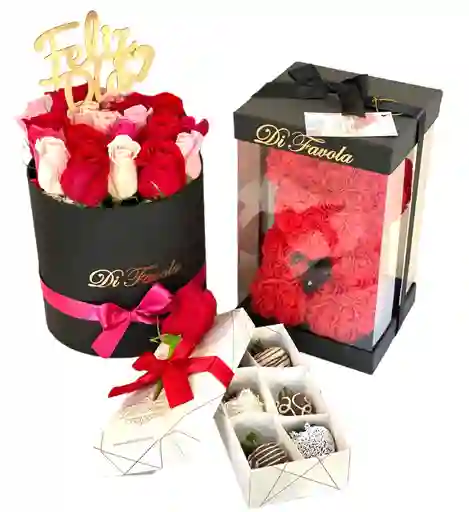 Regalo Luxury: Osito De Rosas Pequeño + Caja X 6 Fresas + Cilindro De Rosas