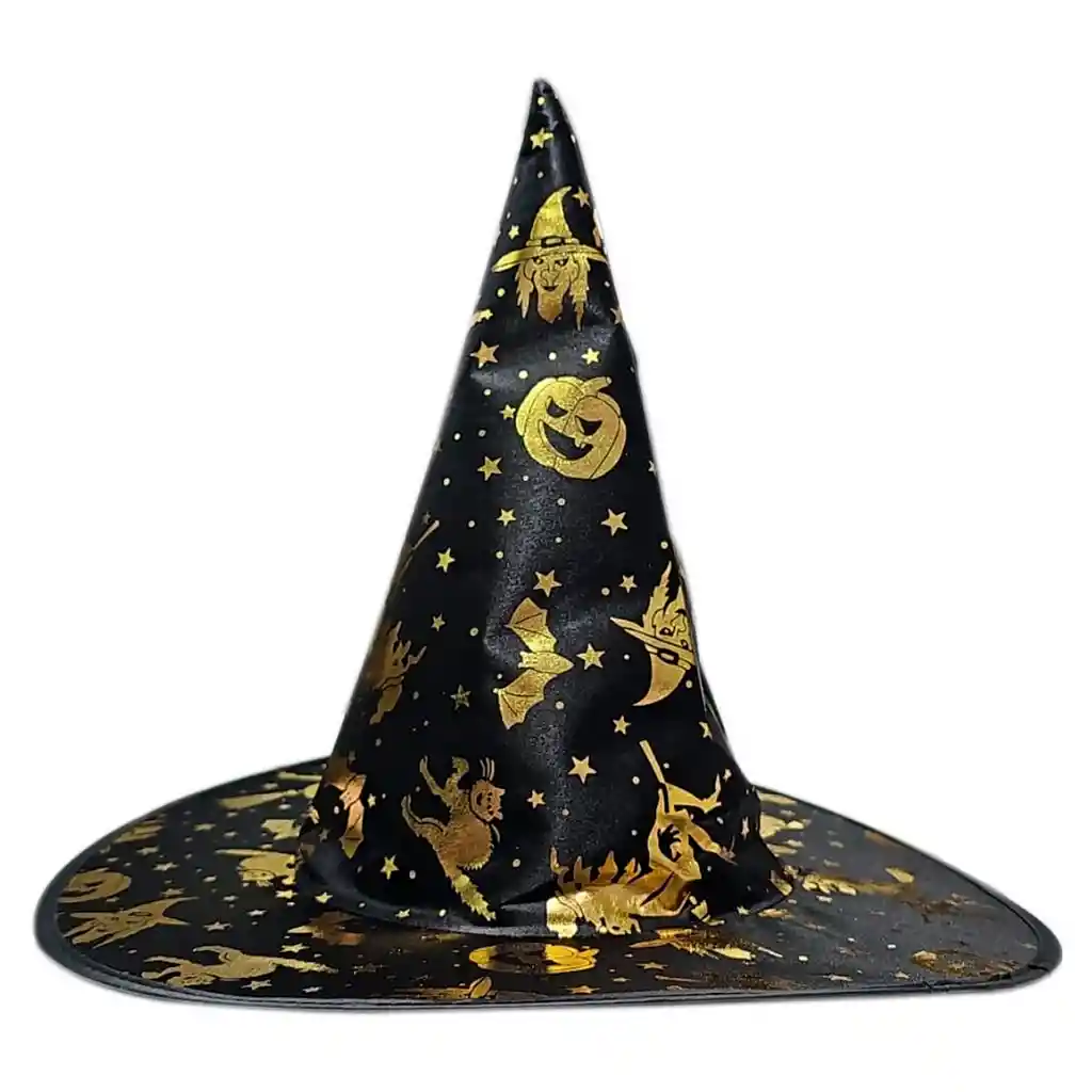 Gorro Sombrero Bruja Brujo Hechicero Mago Disfraz Halloween Negro Dorado