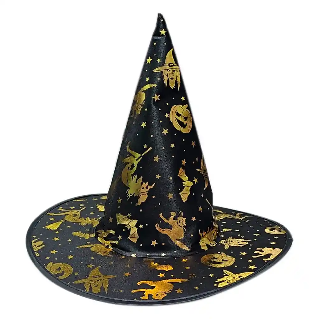 Gorro Sombrero Bruja Brujo Hechicero Mago Disfraz Halloween Negro Dorado