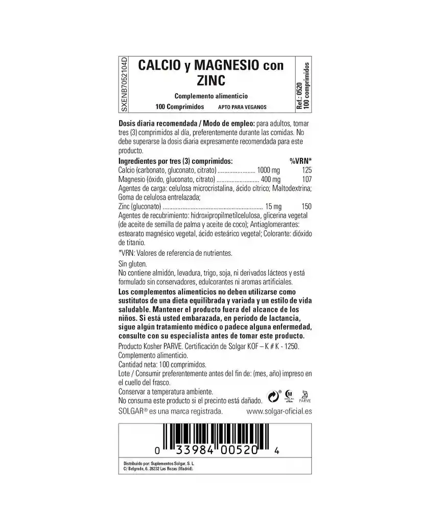 Calcium Magnesium Plus Zinc Solgar 100 Tabletas