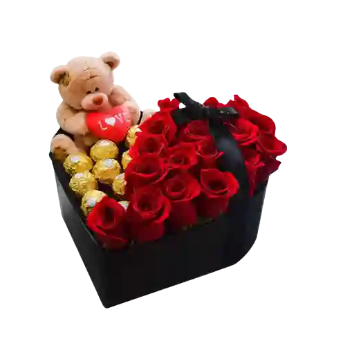Rosas Rojas, Chocolates Y Oso De Peluche Feliz Dia