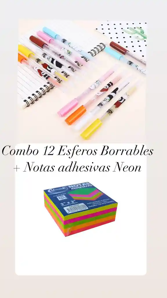 Combo 12 Esferos Borrables + Notas Adhesivas Neon 320 Hojas