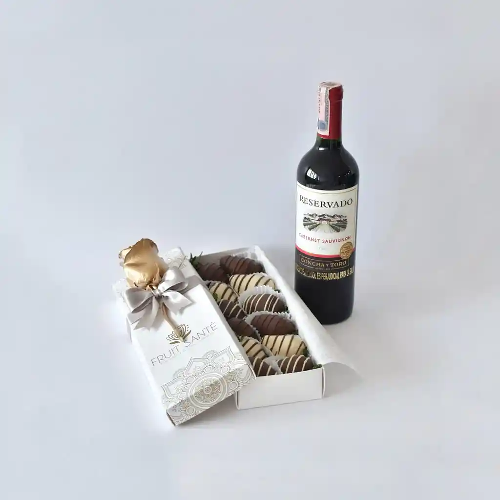 Caja De 12 Fresas Premium Con Chocolate +rosa Dorada Y Vino Cabernet Sauvignon 750ml