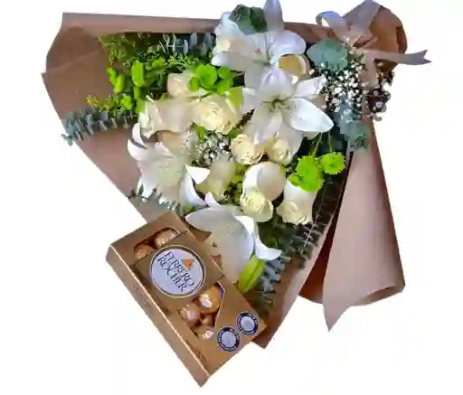 Flores De Lirios, Rosas Blancas Y Chocolates