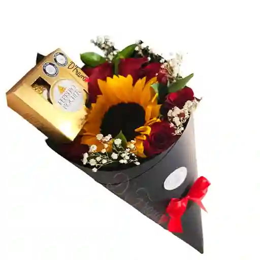 Bouquet De Rosas Y Girasol Con Chocolates