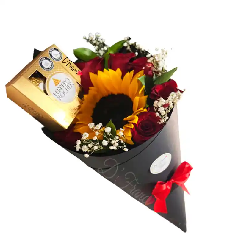 Bouquet De Rosas Y Girasol Con Chocolates