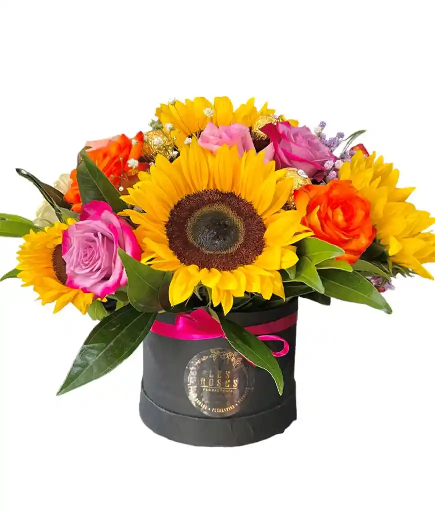 Flores En Caja Con Girasoles Y Chocolates