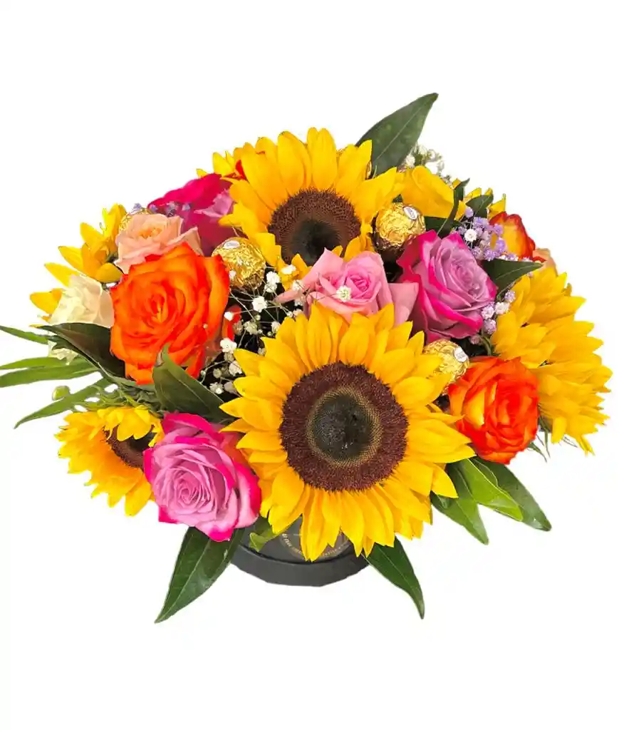 Flores En Caja Con Girasoles Y Chocolates