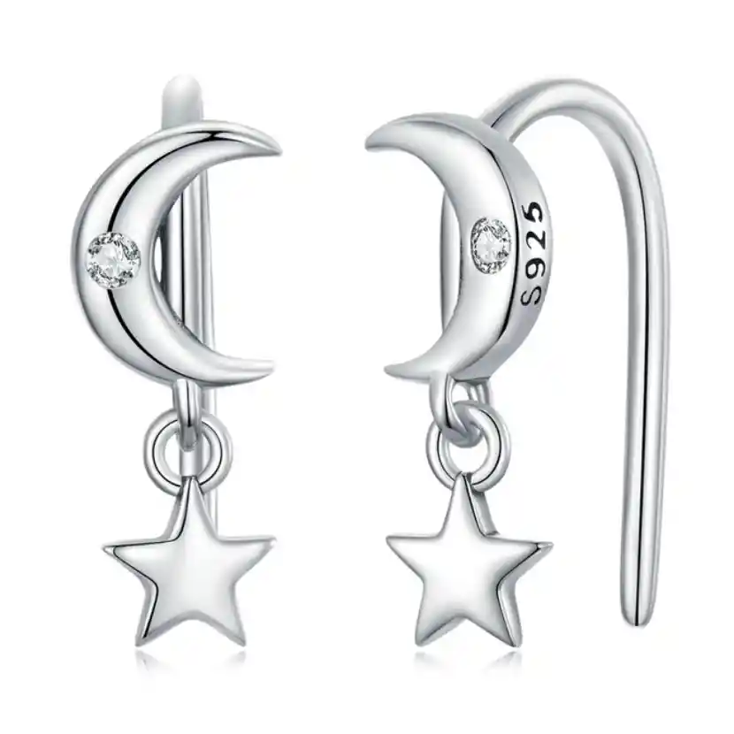 Aretes De Lujo Para Mujer Luna Y Estrella En Plata 925