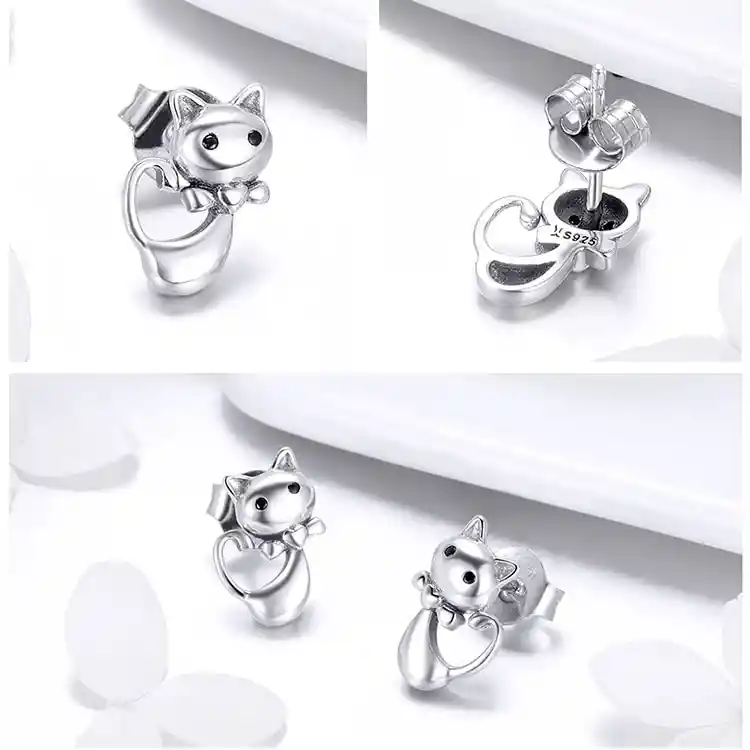 Aretes Para Mujer Gato Corbatín Fabricados En Plata 925 #510508654