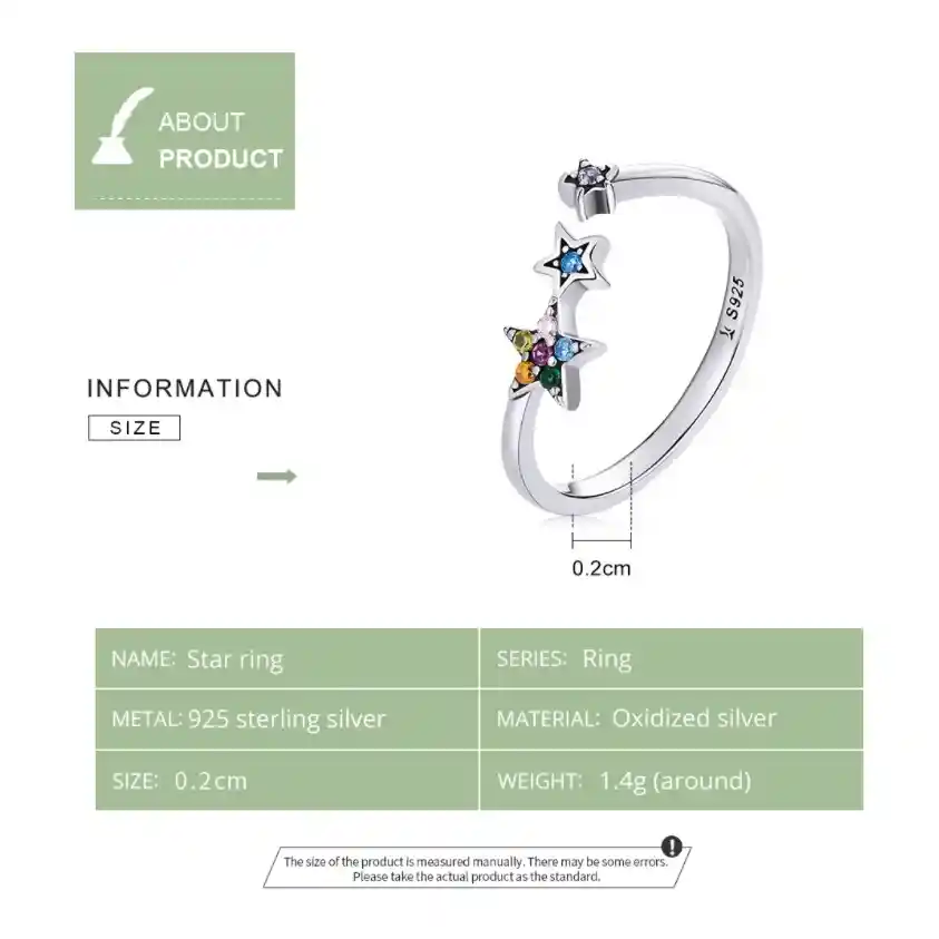 Anillo Ajustable Para Mujer Estrellas Multicolor Plata 925