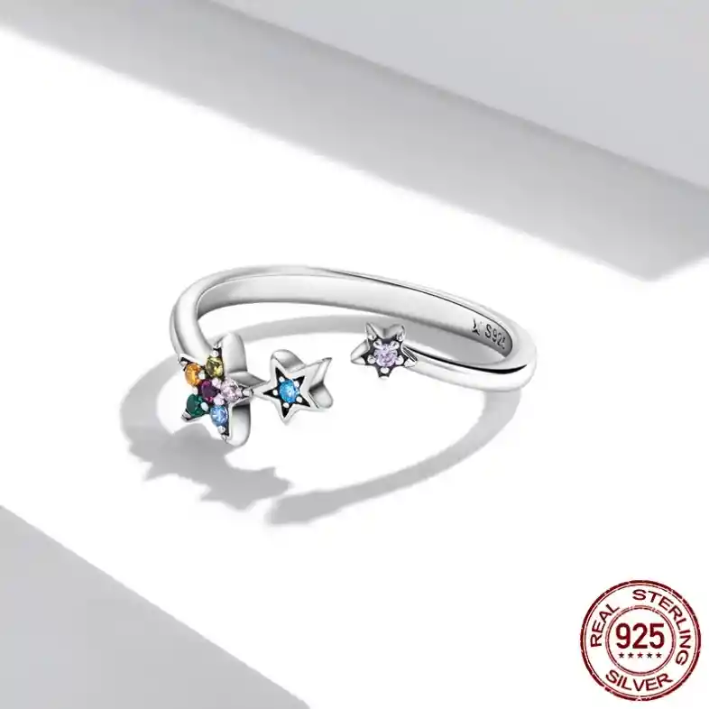 Anillo Ajustable Para Mujer Estrellas Multicolor Plata 925