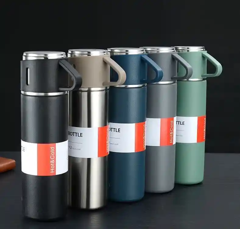 Termo 500ml Acero Inoxidable Frio/caliente + 3 Tazas Vacuum Flask Set Bolsa Regalo