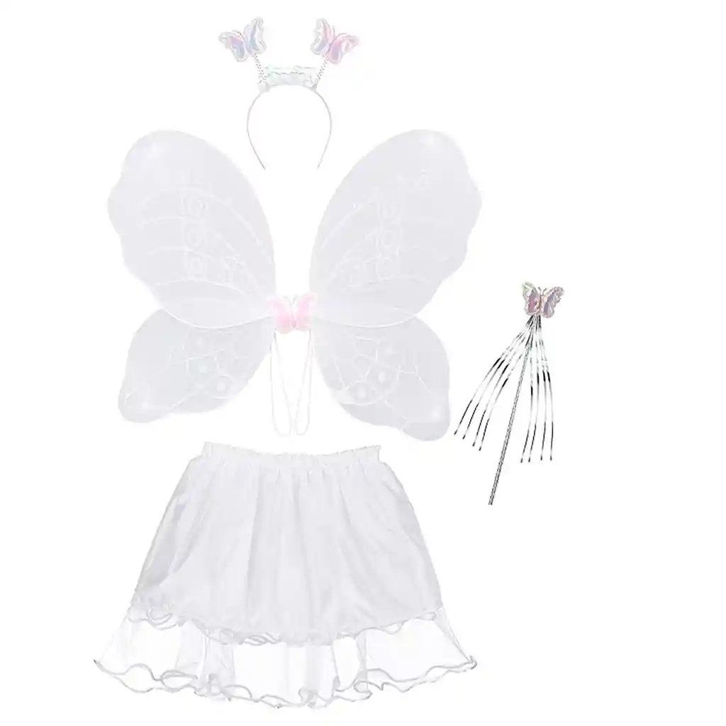 Disfraz Mariposa Alas + Tutú Falda Diadema Varita Niñas Halloween Blanco