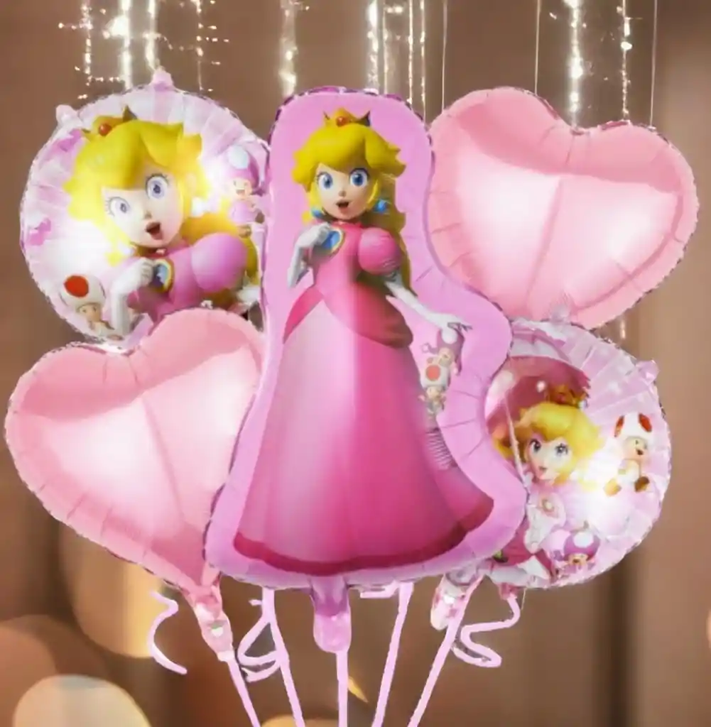 Bouquet Globos Metalizados Princesa Peach Mario - 5 Piezas