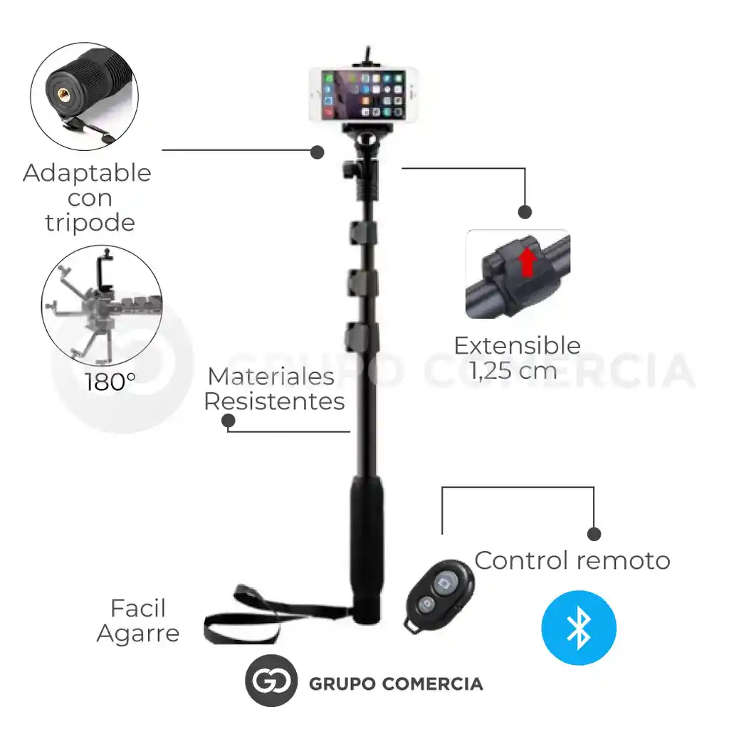 Palo Selfie Extra Largo 125 Cm Ajustable Con Bluetooth