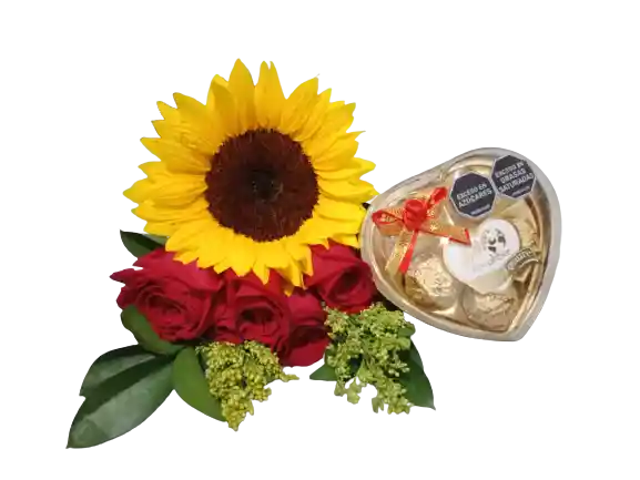 Arreglo Floral, Combo Girasol, Rosas Y Chocolates