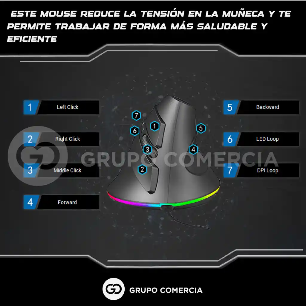 Mouse Bluetooth Vertical Ergonómico Inalámbrico Rgb