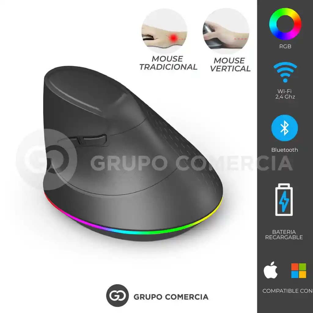 Mouse Bluetooth Vertical Ergonómico Inalámbrico Rgb