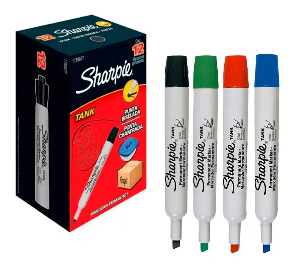 Caja De Marcador Sharpie Tank Permanente X12 Unds Surtido (negro, Rojo, Azul Y Verde) Punta Biselada