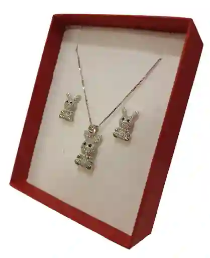 Trio Plata Rodinada Cadena, Dije Y Aretes Diseño Conejo