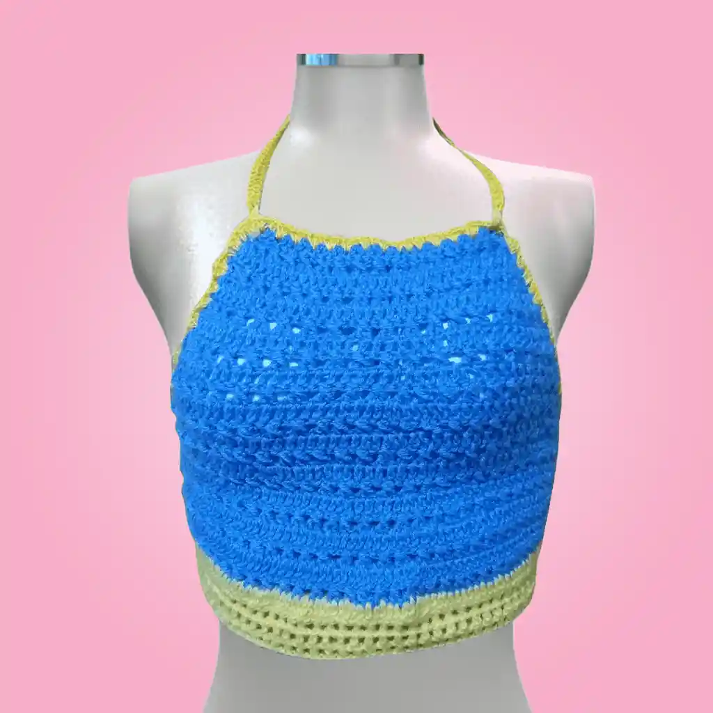 Crop Top Tejido Azul Con Detalle Amarillo