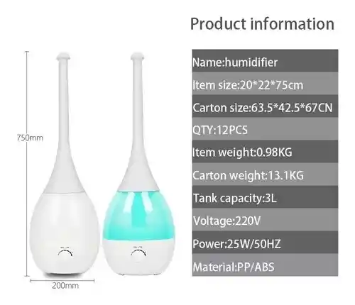 Humidificador Gota Grande 3 Litros Luz Led