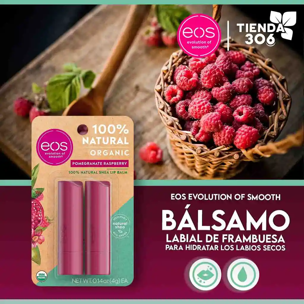 Eos Bálsamo Labial 100% Natural Y Orgánico De Pomegranate Raspberry Para Hidratar Los Labios Secos 0,14oz (4g)