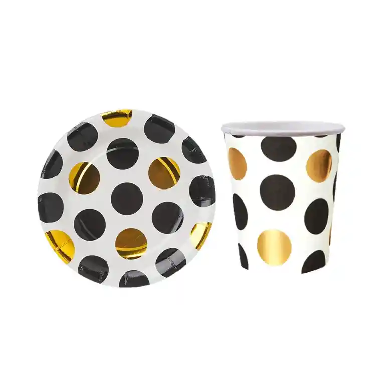 Set 10 Platos Torta + 10 Vasos Desechables Cartón De Puntos Dorados Y Negros