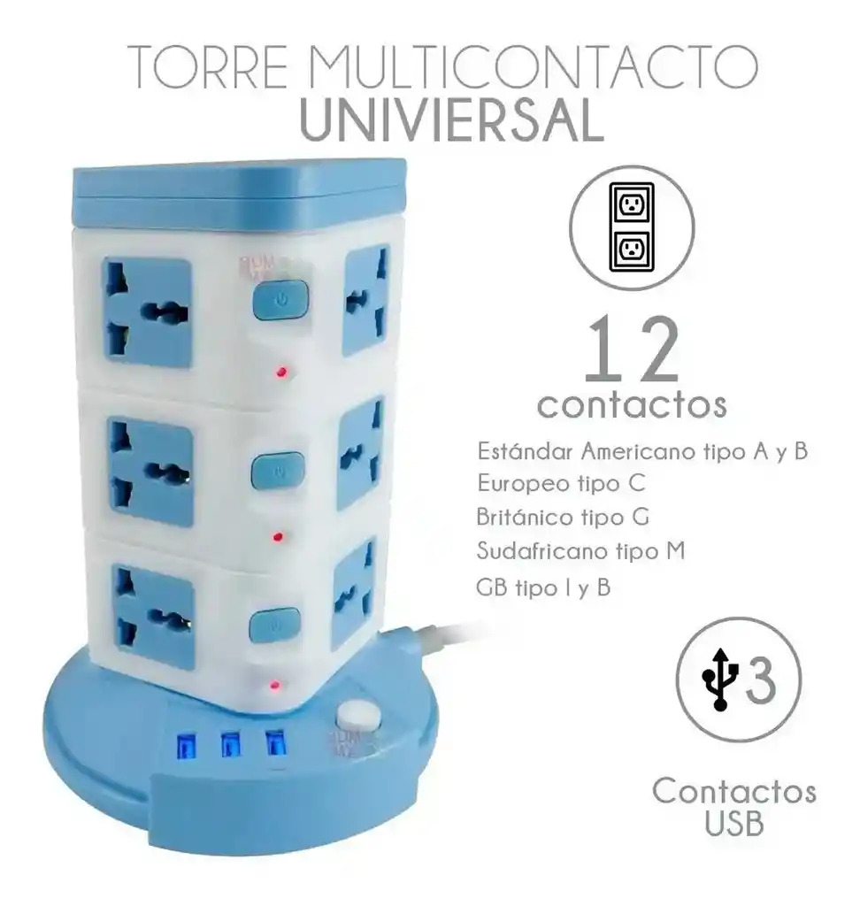 Torre Multitoma Azul Corriente 3 Niveles 3 Usb X 12 Tomas 2500w