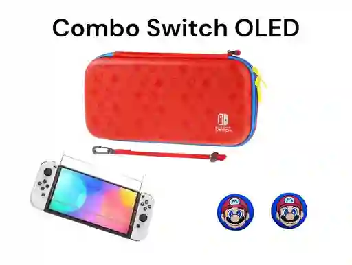 Combo Estuche Rojo/azul + 2 Grips + Vidrio Para Nintendo Switch Oled