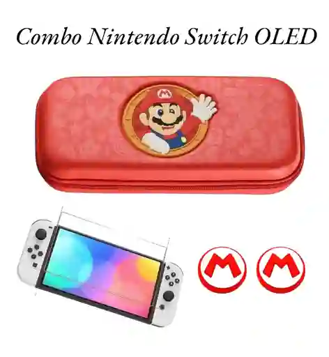 Combo Estuche Diseño Mario Rojo + 2 Grips + Vidrio Compatible Con Switch Oled