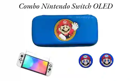 Combo Estuche Diseño Mario Azul + 2 Grips + Vidrio Para Nintendo Switch Oled