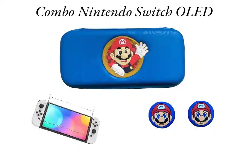 Combo Estuche Diseño Mario Azul + 2 Grips + Vidrio Para Nintendo Switch Oled