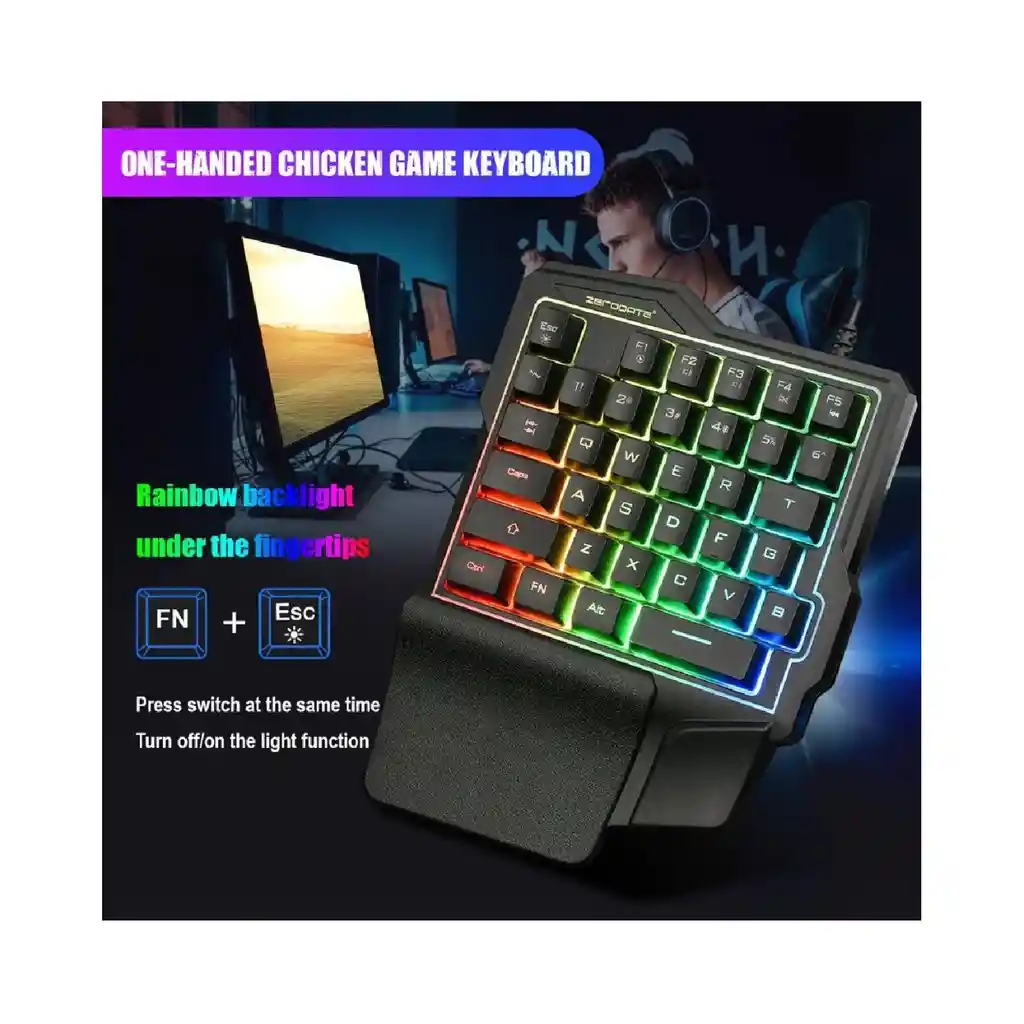 Teclado Gamer Una Mano K7 Luz Led Mecanico Usb Mini Rgb