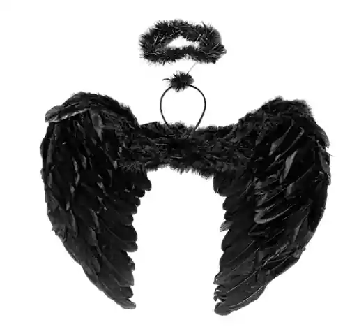 Disfraz Angel Negro Alas 60cm + Aureola Adulto Mujer Halloween Fiesta Sexy ( Negro, Blanco)