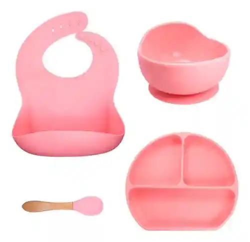 Set De Vajilla Silicona Para Bebés Platos Babero Y Cubiertos