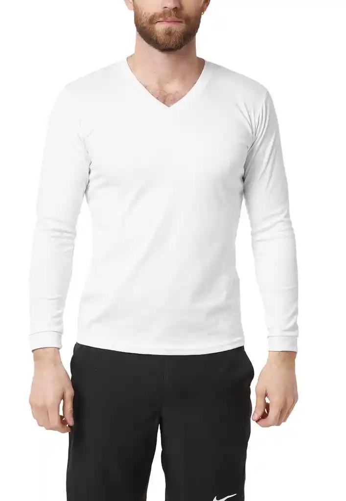 Camiseta Hombre Cuello V Manga Larga Blanca Talla M