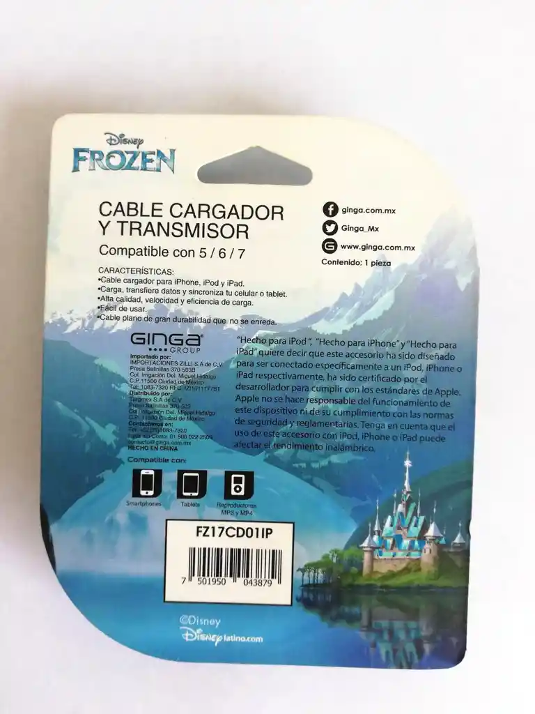 Cable Lightning Ginga Diseño Frozen En Blanco