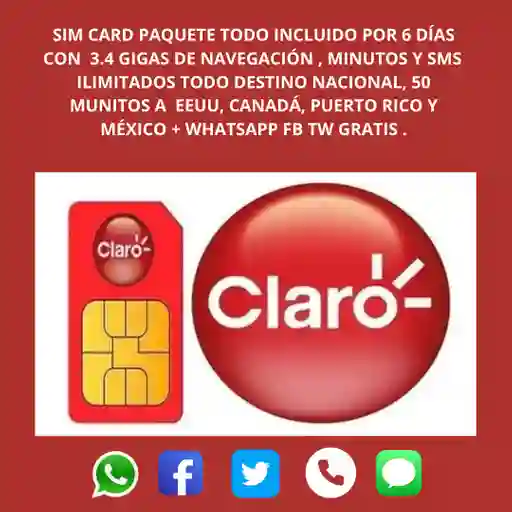 Sim Card Claro Prepago 4g Lte Con Paquete Datos Todo Incluido Por 6 Días