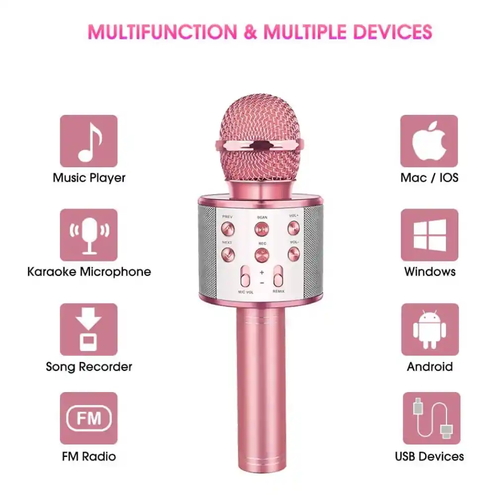 Micrófono Karaoke Parlante Bluetooth Recargable Ws-858 Rosado