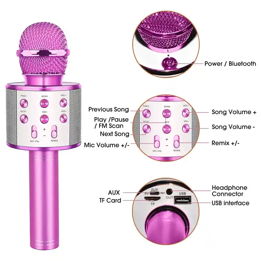 Micrófono Karaoke Parlante Bluetooth Recargable Ws-858 Fucsia