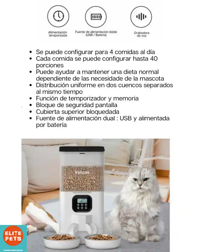 Comedero Dispensador Automático Para Mascotas Doble 6l Voluas