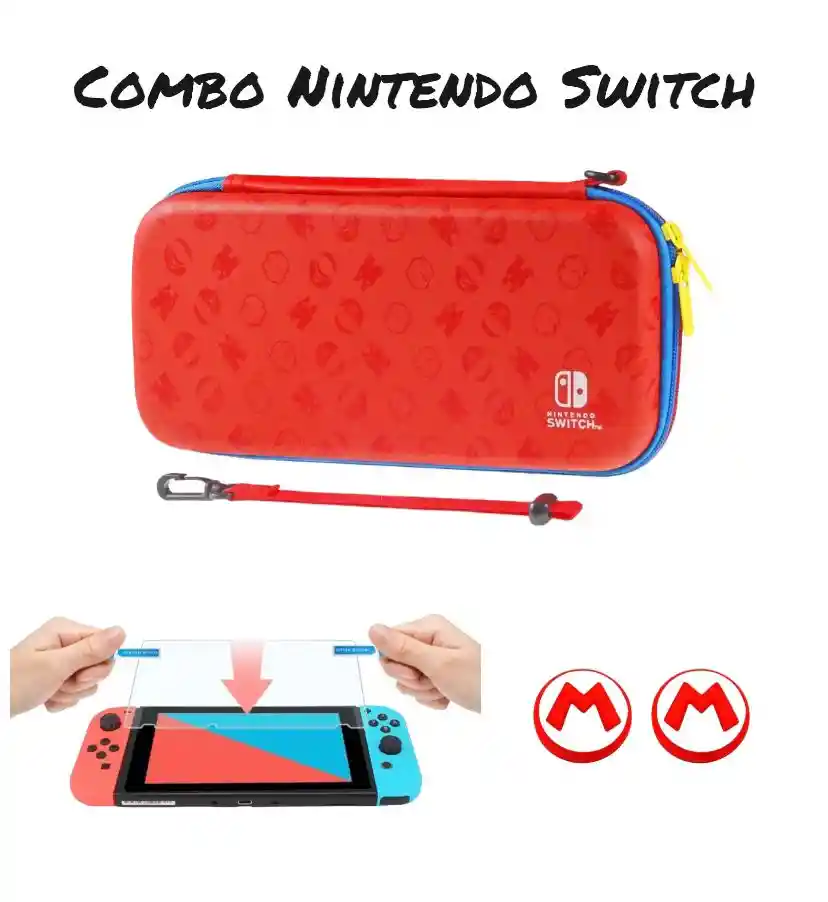 Estuche De Diseño Rojo Azul Mario + 2 Grips + Vidrio Nintendo Switch