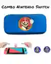 Estuche De Diseño Mario Azul + 2 Grips + Vidrio Nintendo Switch