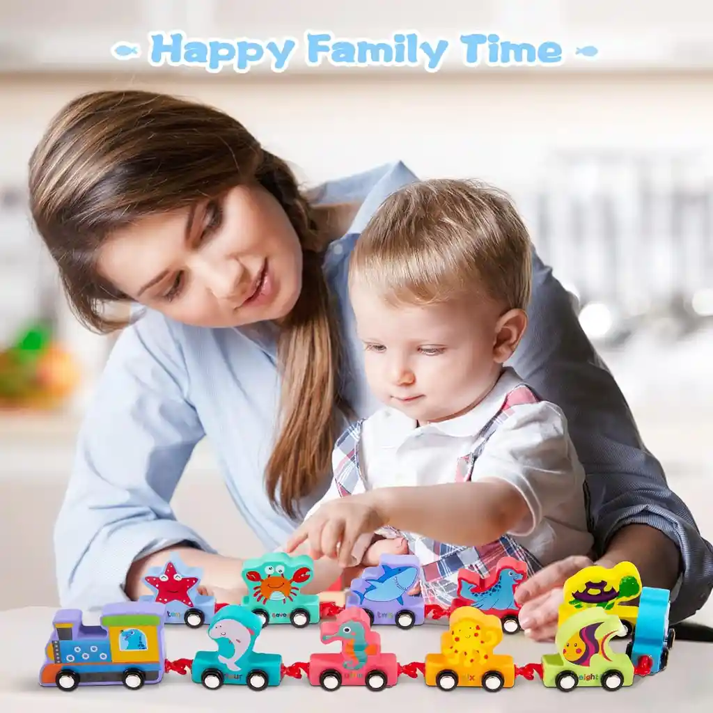 Tren Juguete Madera Para Niños Animales Marinos, Juguetes Montessori 1 2 3 Años Juegos Educativos