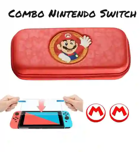 Estuche De Diseño Mario Rojo + 2 Grips + Vidrio Nintendo Switch